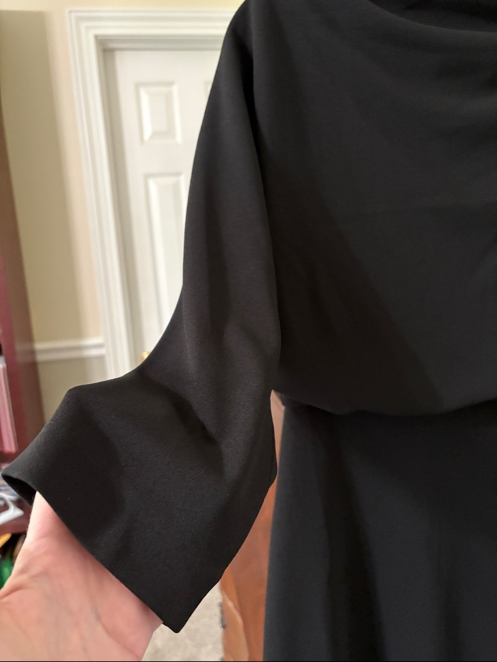 *Dillards Elegant Black Crepe Draped 3/4 Sleeve Dress Minimalist Modest - Picture 5 of 11